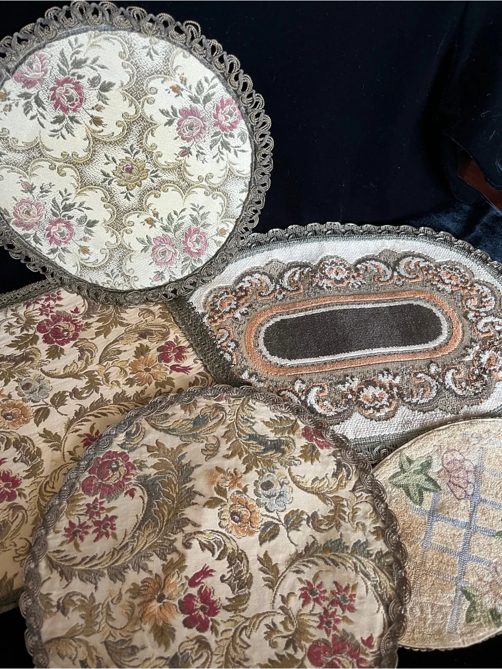 Lot of 5 Vintage 50s European Tapestry Dresser Table Doilies Rugs Velvet Back